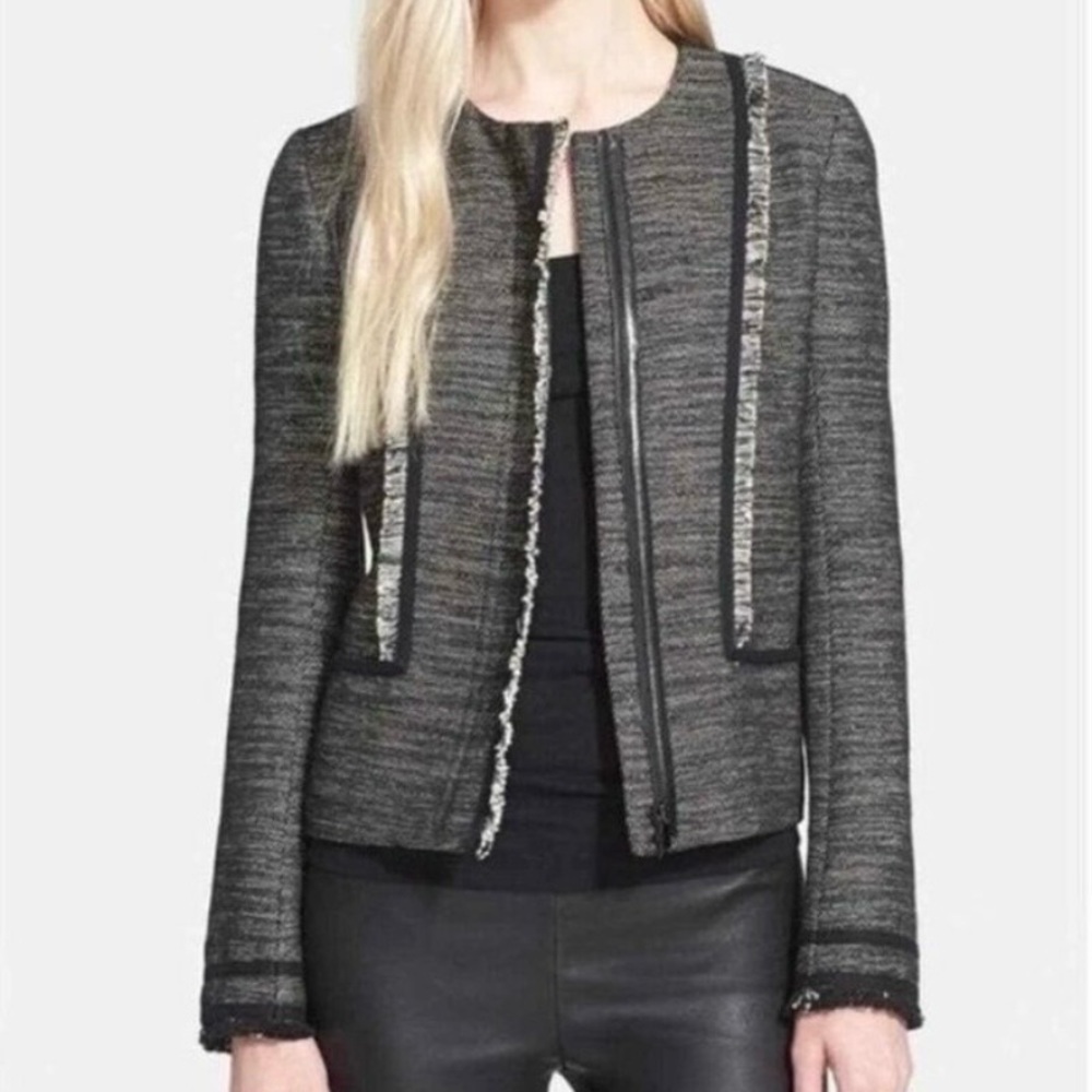 Vince Black And White Tweed And Leather Jacket With Fringe Size 0/XS